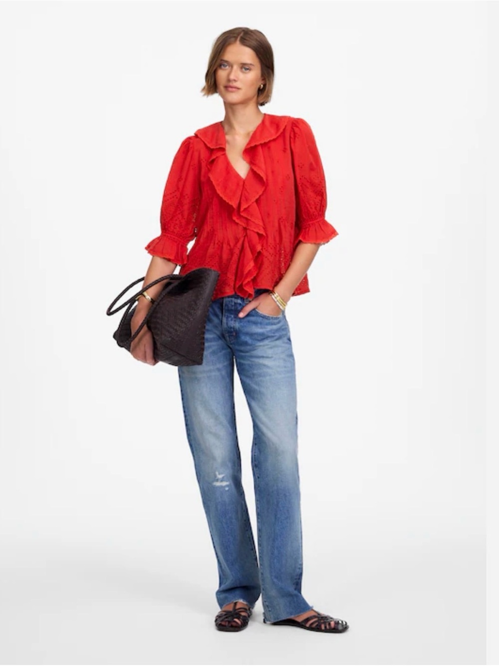 Madewell Ruffled Puff-Sleeve Top in Red Size Small